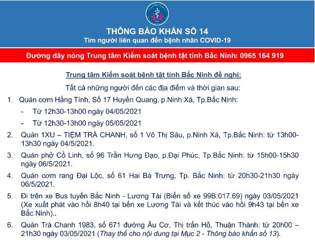 THÔNG BÁO KHẨN SỐ 14: Tìm người liên quan đến bệnh nhân COVID-19