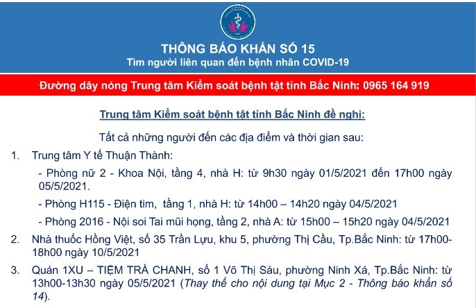 THÔNG BÁO KHẨN SỐ 15: Tìm người liên quan đến bệnh nhân COVID-19