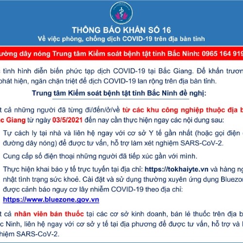THÔNG BÁO KHẨN SỐ 16