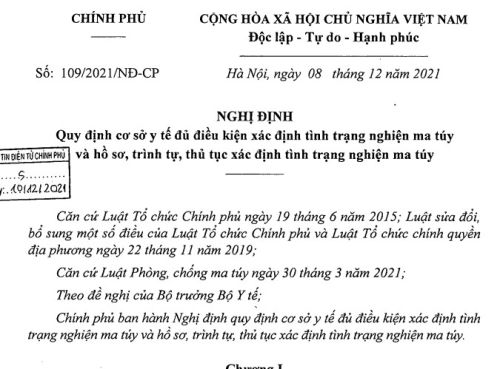 Nghị định số 109/2021/NĐ-CP của Chính phủ: Quy định cơ sở y tế đủ điều kiện xác định tình trạng nghiện ma túy và hồ sơ, trình tự, thủ tục xác định tình trạng nghiện ma túy