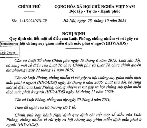 Nghị định số 141/2024/NĐ-CP ngày 28/10/2024 của Chính phủ quy định chi tiết một số điều của Luật Phòng, chống nhiễm vi rút gây ra hội chứng suy giảm miễn dịch mắc phải ở người (HIV/AIDS)