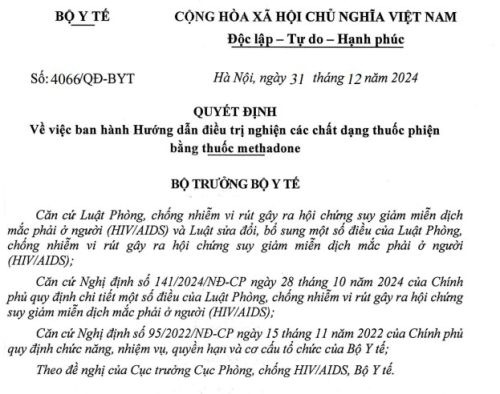 Quyết định 4066/QĐ-BYT 2024 về việc ban hành Hướng dẫn điều trị nghiện các chất dạng thuốc phiện bằng thuốc methadone
