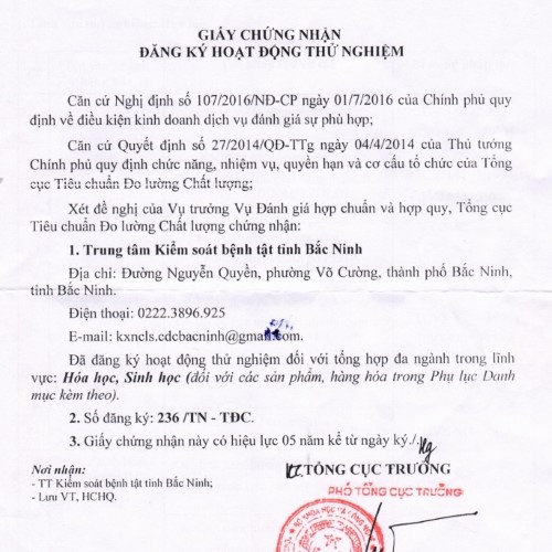 Giấy chứng nhận đăng ký hoạt động thử nghiệm
