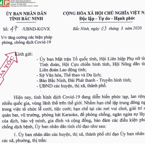 Công văn số 47/UBND-KGVX của UBND tỉnh Bắc Ninh v/v tăng cường các biện pháp phòng, chống dịch Covid-19
