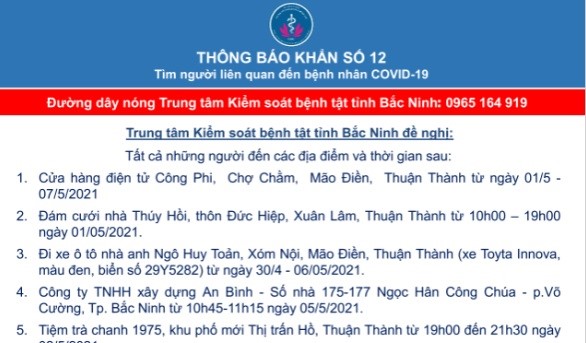 THÔNG BÁO KHẨN SỐ 12: Tìm người liên quan đến bệnh nhân Covid-19