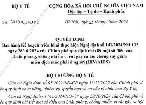 Quyết định 3910/QĐ-BYT Ban hành Kế hoạch triển khai thực hiện Nghị định số 141/2024/NĐ-CP ngày 28/10/2024 của Chính phủ quy định chi tiết một số điều của Luật phòng, chống nhiễm vi rút gây ra hội chứng suy giảm miễn dịch mắc phải ở người (HIV/AIDS)