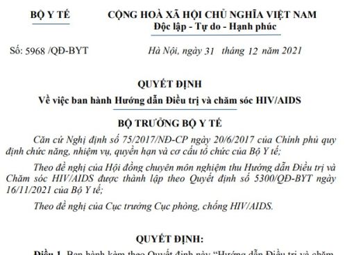 Quyết định 5968/QĐ-BYT năm 2021 hướng dẫn Điều trị và chăm sóc HIV/AIDS do Bộ trưởng Bộ Y tế ban hành