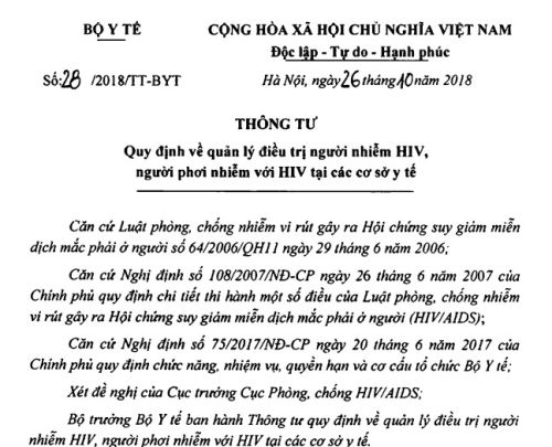 Thông tư 28/2018/TT-BYT quy định về quản lý điều trị người nhiễm HIV, người phơi nhiễm với HIV tại cơ sở y tế