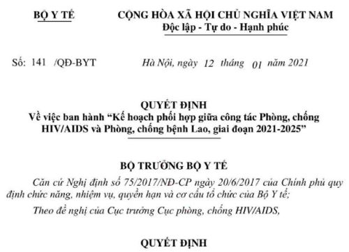 Quyết định 141/QĐ-BYT ban hành Kế hoạch phối hợp giữa công tác Phòng, chống HIV/AIDS và Phòng, chống bệnh Lao, giai đoạn 2021-2025