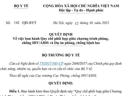 Quyết định 142/QĐ-BYT Ban hành Quy chế phối hợp giữa Chương trình phòng chống HIV/AIDS và Dự án phòng, chống bệnh lao